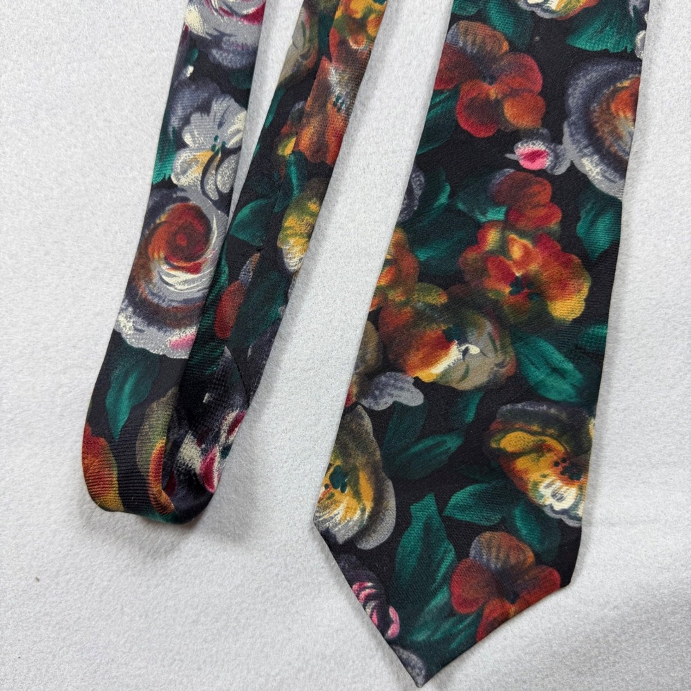 Oscar de la Renta Couture Mens Silk Necktie Floral Painterly Botanical Wide Tie